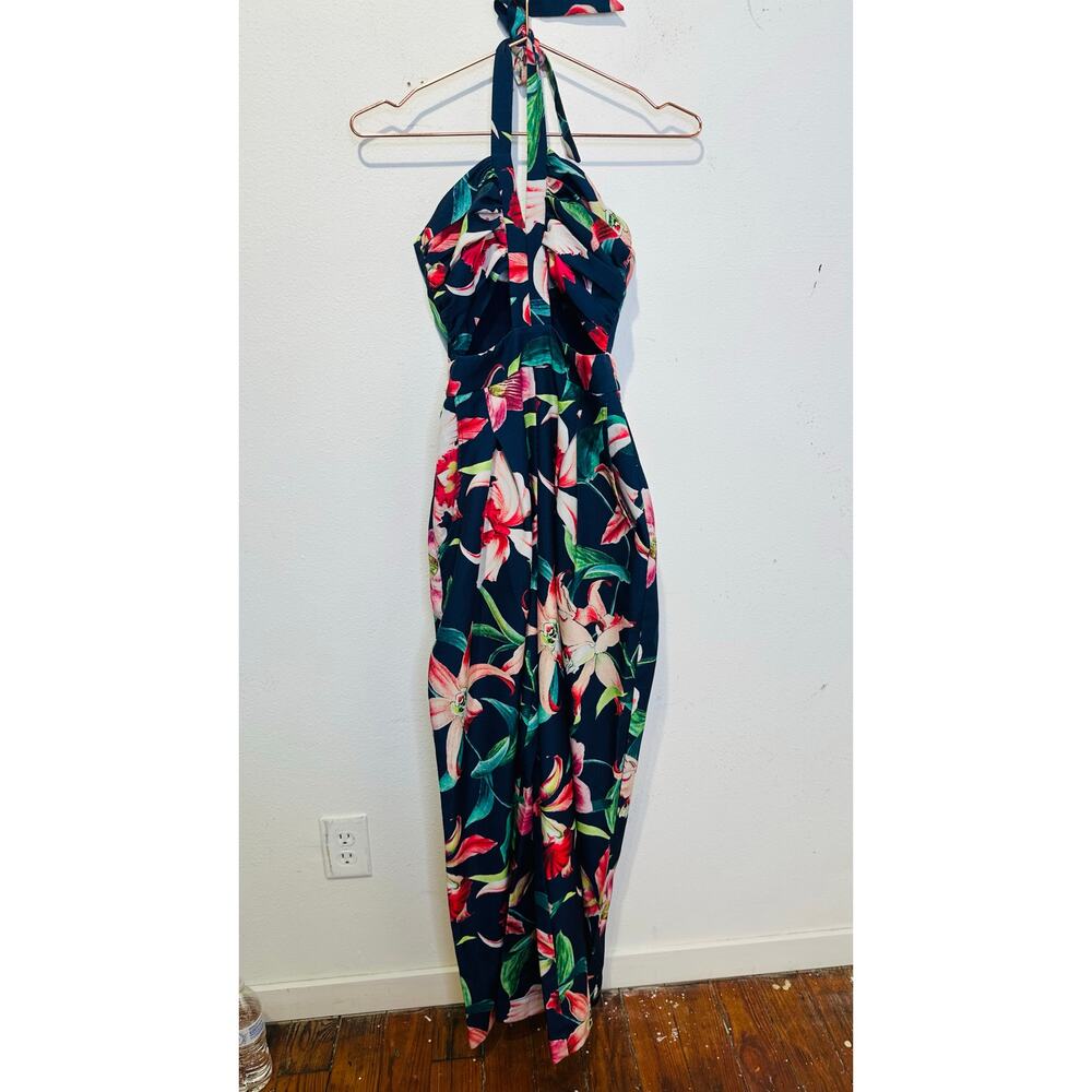 PATBO Navy Blue Floral Halter Neck Center Cut-Out Wide Leg Laelia Jumpsuit US 0 - Picture 3 of 16